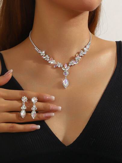 3pcs Luxury Rhinestone Embellished Necklace & Earrings Set, Elegant High-End Jewelry Gift For Women, Suitable For Daily Commute, Wedding, Party, Holiday