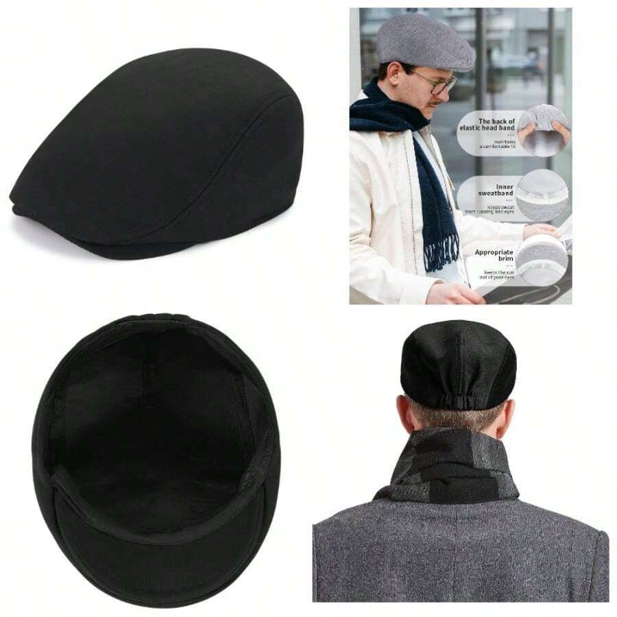 Classic Wool Blend Newsboy Cap, Black Flat Ivy Style, Winter Gatsby Cabbie Scally Hat Men, Daily Wear - 均碼+黑色 - 查看 1