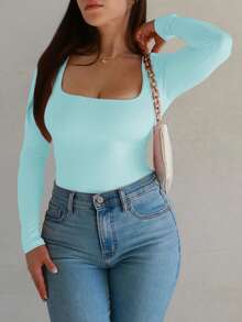 Áo thun dài tay cổ vuông dáng ôm Vaiaye dành cho nữ mùa xuân/hè phong cách Y2K, màu trơn, gợi cảm, thích hợp cho ngày Valentine. - Màu xanh Bạc hà - Xem 9