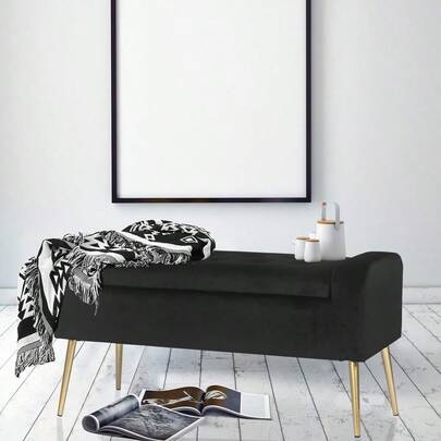 Ottoman Storage Bench, Metal Frame, Black Color, Cushioned Seat, 285 Lbs Weight Capacity, Easy Assembly