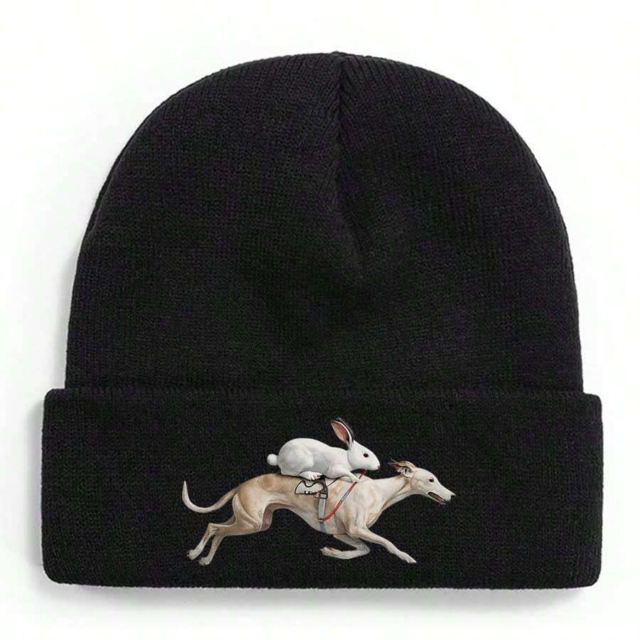 A Rabbit Riding A Greyhound In An Unusual Race SceneWinter Beanie For Men Women Soft Warm Knit Hat Ski Stocking Cuffed Cap - 黑色 - 查看 1