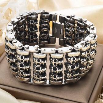1pc Punk Dark Gothic 18K Silver Skull Stainless Steel Bracelet Hip Hop Street Underground Rap Rock Electric Guitar Style Suitable For Men Party Music Festival Stage Performance Wear Gift