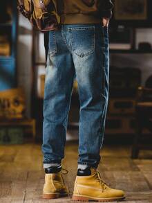 Distressed Dark Denim Jeans Long-Length Washed Workwear Pants Gift For Husband/Boyfriend Men's Jeans Office/Outings/Work/Vacation/Urban/Garbage Rock Style Christmas Gifts For My Husband & Father Vaqueros Para Hombre - (30L) Navy Comfort Stretch Fabric - 查看 3