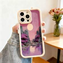 Cubierta de teléfono con borde negro diseño de paisaje con flores moradas y luna rosa para iPhone 14 Pro Max protección contra golpes ideal para uso diario y viajes - Café integral - Ver 4