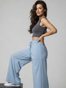 Wide Leg Pants With Flare Leg, Sophisticated Fit, Structured Style, High , Contemporary, Casual, Comfortable, Modern, Chic - 淺藍色 - 查看 6