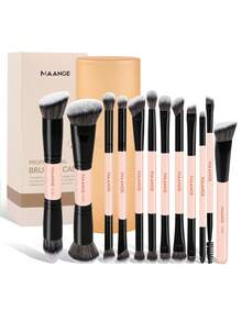 MAANGE 4/3/8/11/12件套专业化妆刷套装，包含双头面部化妆刷、斜角粉底刷、轮廓刷、腮红刷、散粉刷、眼影刷、遮瑕刷、高光刷和晕染刷，并附赠化妆包。化妆工具采用柔软纤维材质，方便携带，是旅行的理想之选。 - 杏色 - 查看 6