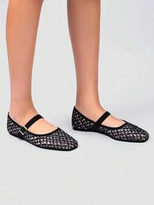 ADAMUMU Women's Fashion Square Toe Casual Party Office Buckle Breathable Woven Hollow Mesh Comfortable Slip-On Flat Shoes, Black