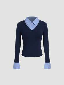 Blusa de manga comprida moderna com estampa listrada e gola em mistura de algodão, modelagem slim e estilo slim. - Azul marinho - Ver 3