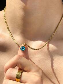 RAYQUEEN 1件不锈钢波西米亚风蓝色眼睛圆形吊坠编织链项链，适合男女日常佩戴 - 銀色 - 查看 5