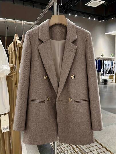 Elegant Double-Breasted Light Grey Blend Women's Blazer - Timeless Fashion For Women | - Versatile Wardrobe Essential Solid Color Button Pocket Front Button