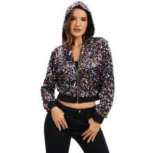 Women's Sequin Zip-Up Hooded Jacket With Ribbed Hem And Long Sleeves For Party Wear - Multicolor - View 1