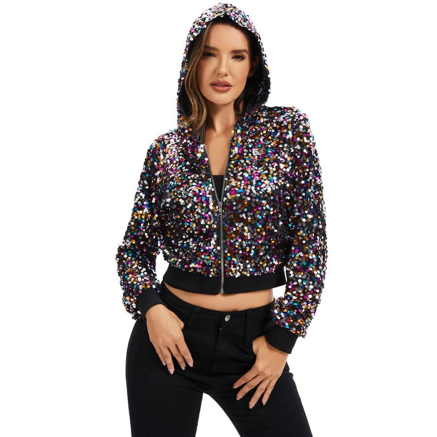 Women's Sequin Zip-Up Hooded Jacket With Ribbed Hem And Long Sleeves For Party Wear - Multicolor - View 1