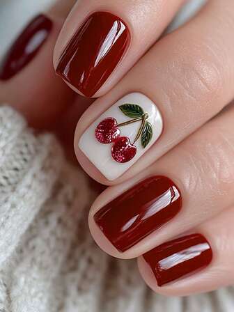 24pcs Of Short Square Nails, Cherry Red, Cute Fruit, Cherry Pattern Printing, Fully Covered Press False Nails, Suitable For Ladies' Daily Party Nail Art Decoration