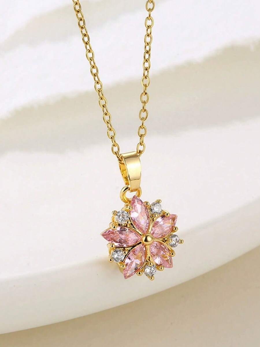 1pc Stainless Steel Elegant & Versatile Pink Sakura Flower Necklace, Suitable For Men And Women, Exquisite Christmas, Holiday, Birthday Gift - Multicolor - View 1