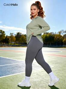 Plus Size Women Long Sleeve Loose Fit Athletic Top With Thumb Holes And Hollow Back Design, Suitable For Autumn, Winter, Gym Workout And Casual Wear Spring - Mint Green - View 6
