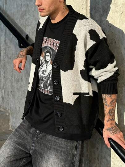 Men's Front Button Ribbed Pocket Christmas Contrast Color Knitted Cardigan, Autumn/Winter & Spring/Autumn