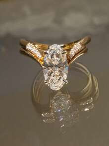 1pc 925 Sterling Silver Elegant Precise V-Shaped 4-Claw 3 Carat Oval Cubic Zirconia Ring, Women's Date Night Gift, Timeless Classic Ring, Luxury Jewelry Gift For Valentine's Day - Gold - View 3