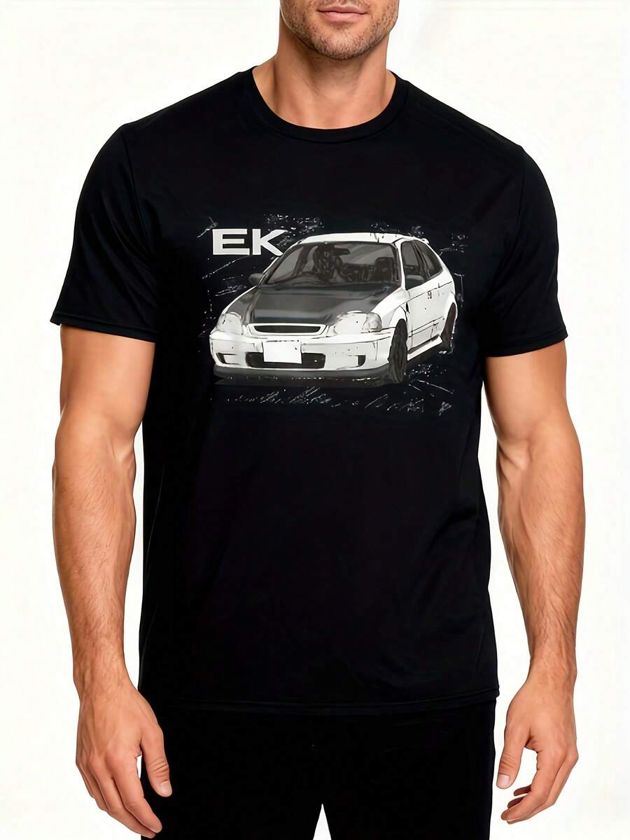 Men's Crew Neck Black Short-Sleeved T-Shirt With EK Cartoon Print - Regular Fit, Suitable For Casual, Sports, Travel And Casual Attire, All Year Round. - Black - View 1
