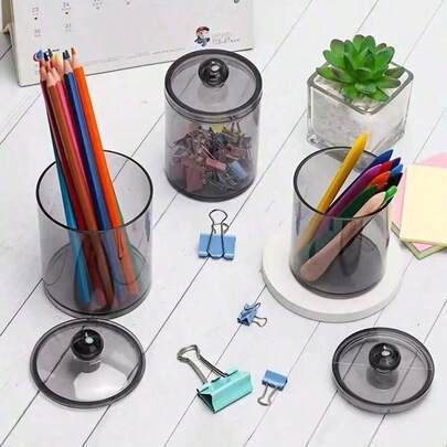 1 lọ đựng đồ bằng nhựa đen trong suốt bóng bẩy có nắp vặn - Hộp đựng đồ trang điểm, trang sức, tăm xỉa răng chống bụi và nhẹ - Lý tưởng để trưng bày trên mặt bàn phòng tắm, tủ đựng đồ và đồ lưu trữ trong phòng tắm