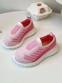 1 par de zapatos casuales planos y cómodos para niñas con diseño de tejido de gradiente, estilo transpirable general (parte superior de tejido de gradiente, estilo transpirable general), parte superior de tela voladora (parte superior de tela voladora), antideslizante y resistente al desgaste de parte superior baja (parte superior baja), sin correa (estilo slip-on), adecuados para actividades de jardín de infantes, salidas familiares y otros escenarios - Rosa - Ver 2