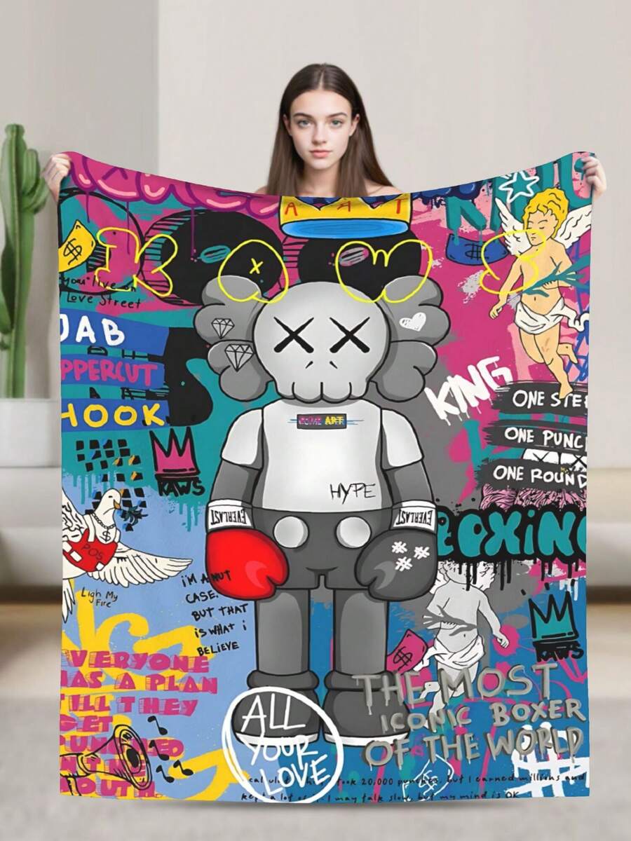 Kawss Kawaii Kaw Blanket Cozy Anime Gift Blanket - Premium Flannel Throw For Fans, Soft Cartoon Print For Sofa, Bed, Camping & Travel, Great Christmas Birthday Present - 黑色 - 查看 1