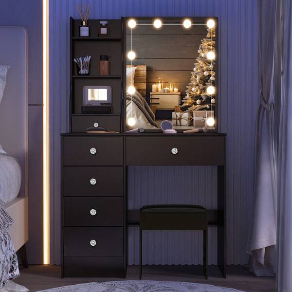 Makeup Dressing Table With Mirror,Modern Wood Vanity Desk,Drawers And Storage Open Shelves,3 Color Modes Adjustable Brightness, LED Lights Mirror Makeup Table,Vanity Desk With Mirror And Lights,Bedroom Furniture,Christmas Gift For Women