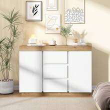 Chest Of Drawers With 3 Drawers And 2 Doors, Locker, Storage Function, For Bedroom And Living Room, E1 Chipboard, White+Oak - 白色 - 查看 4