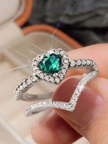 2pcs 925 Sterling Silver Green Deep V-Shaped Heart Earrings, Suitable For Daily Wear, Delicate Jewelry Gift For Women, Ideal For Dates