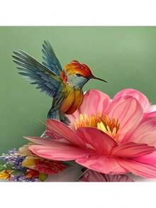 1pc-Up 3D Greeting Card With An Envelope, Featuring A Floral Kingfisher Design, Cartoon Theme, Suitable Gifting To Teachers/Classmates/Friends/Colleagues/Grandparents/Parents//Wives/Daughters/Granddaughters/Girlfriends, Etc., Applicable Various Occasions Such As Mother's Day/Teacher's Day/New Year/Valentine's Day/Thank You/Retirement/Anniversary/Birthday/Thanksgiving, Etc. - 紅花蜂鳥 - 查看 5