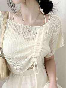 女士抽绳蝙蝠袖宽松针织毛衣 - 杏色 - 查看 2