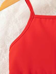 女童休闲无袖印花收腰及膝连衣裙，带小口袋，夏季 - 紅色 - 查看 5