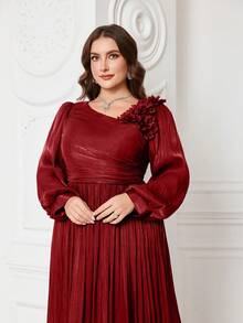 UNITHORSE Plus Size V-ringad Lanternärm Enfärgad 3D Blommig Dekor Lång Aftonklänning, Brudtärneklänning, Examensklänning, Formell Klänning Fest Bröllop Vår - Bourgogne - Visa 8