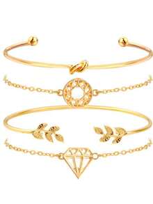 4PCS Gold Plated Bracelet Set Leaf Design Collection Diamond Accents Adjustable Minimalist Chains Stackable Jewelry Gift For Women Daily Wear Wedding Party Festival Special Occasions