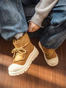 男士厚底高帮运动鞋 时尚保暖内衬户外雪地靴 多功能系带鞋 - 棕色 - 查看 4