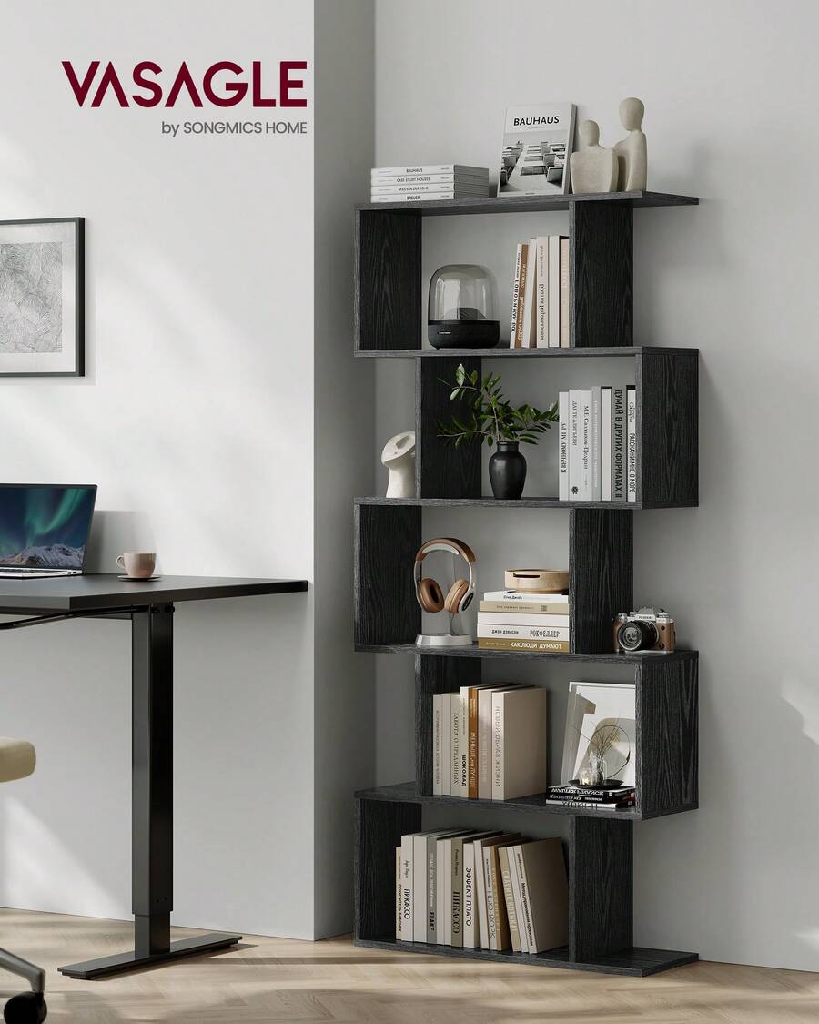 VASAGLE Bookshelf, 5-Tier Bookcase, Tall Display Shelf, Freestanding Storage Shelf, Room Divider, For Home Office, Living Room, Bedroom, Study, Ebony Black - Black - View 1