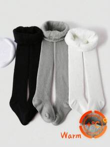 3条装幼儿/女童/婴儿纯色保暖打底裤，简约竖条纹设计，保暖舒适，适合秋冬季日常穿着及度假，颜色和款式随机发货