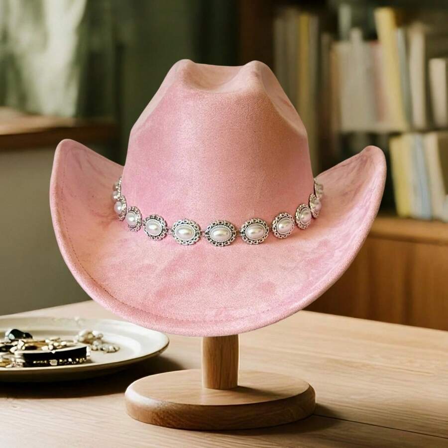 Women's Felt Cowgirl Hat Wide Brim Jazz Cap Stylish Pearl Chain Design Western Hat For Daily Life  Party - 粉色 - 查看 1