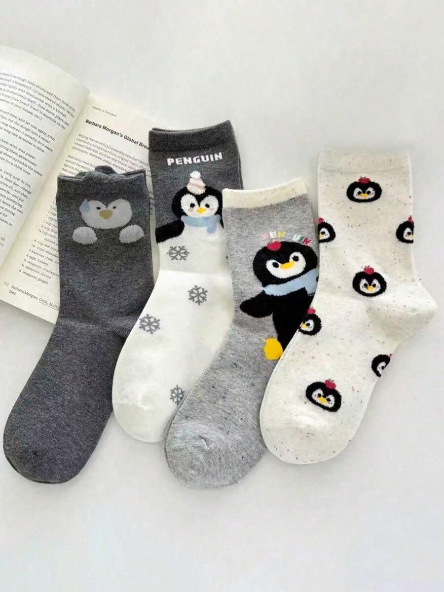 4 Pairs Women's Cute Cartoon Penguin Patterned Breathable Mid-Calf Socks, Fashion & Comfy