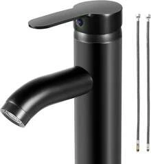 Monomando para Lavabo de Baño,VAGALBOX Grifo de Baño de un Orificio, Grifos de Cocina Grifo, Llave para Lavabo de Baño Agua Caliente y Fría Grifo con 2 Manguera - Negro - Ver 5