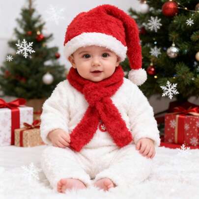 Set de 3 piezas Disfraz de Navidad para bebé recién nacido, Pelele de peluche, Bufanda y Gorro de Papá Noel, Disfraz de fotografía para bebé, Ropa de Navidad para bebé, Conjunto para sesión de fotos navideña de bebé, Ropa de invierno para bebé niña