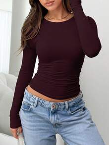 Elegant & Versatile Women's Solid Color Round Neck Long Sleeve Ruched Fitted T-Shirt, Suitable For Summer And Autumn/Winter Seasons - Purple - View 4