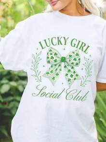 St. Patrick's Day Lucky Girl Social Club T-Shirt_ Coquette Clover Bow Tee - 白色 - 查看 1