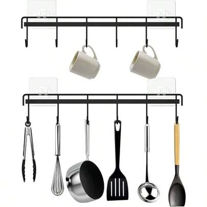 Kitchen Utensil Hanger, Adhesive Utensil Holder Wall Mount Kitchen Rack Rail With 12 Hooks, Space Saving And No Drilling, Black, 2 Pcs