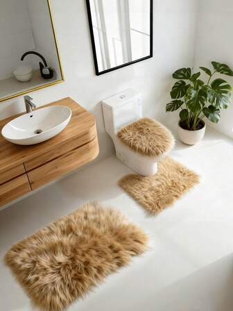 1 件仿羊毛长毛浴室装饰地毯，简约优雅，锁边设计防止掉毛，可水洗不褪色，也适用于卧室、客厅、房屋入口装饰。
