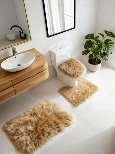 1 件仿羊毛长毛浴室装饰地毯，简约优雅，锁边设计防止掉毛，可水洗不褪色，也适用于卧室、客厅、房屋入口装饰。