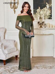 Olive Green Elegant Long Sleeve Off-Shoulder Sequin Evening Dress, Suitable For Christmas, Parties, Weddings And Other Occasions - Olive Green - View 2