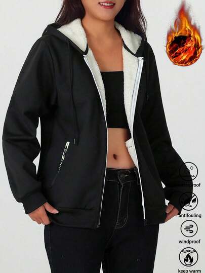 女士户外夹克，纯色带保暖内衬，休闲时尚，适合日常穿着和派对，秋冬季，黑色抓绒