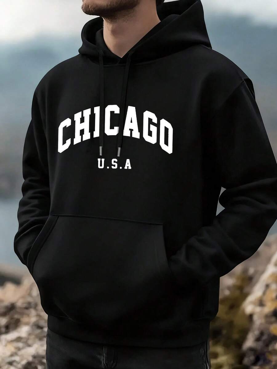 Nueva sudadera de moda con patrón alfabético de capucha masculina sudadera casual con capucha de otoño e invierno chaqueta masculina - Negro - Ver 1