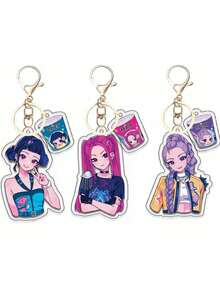 3 Styles Cartoon Anime Figurines, K-Pop, Christmas DemonHunters Original Acrylic Cute Girl Keychain Pendant, Portable Compact Chic Christmas, Valentine's Day, Easter Party Holiday Gift - Multicolor - View 2