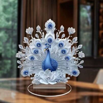 Peacock Tail Desktop Decor, White & Blue, Home Living Room Office Decoration